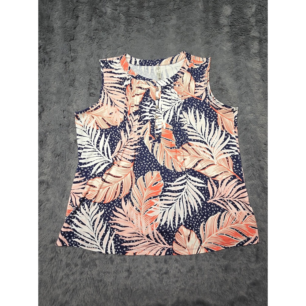 Perception Concept Tropical Palm Leaf Sleeveless Blouse Navy Coral‎ XL 0248